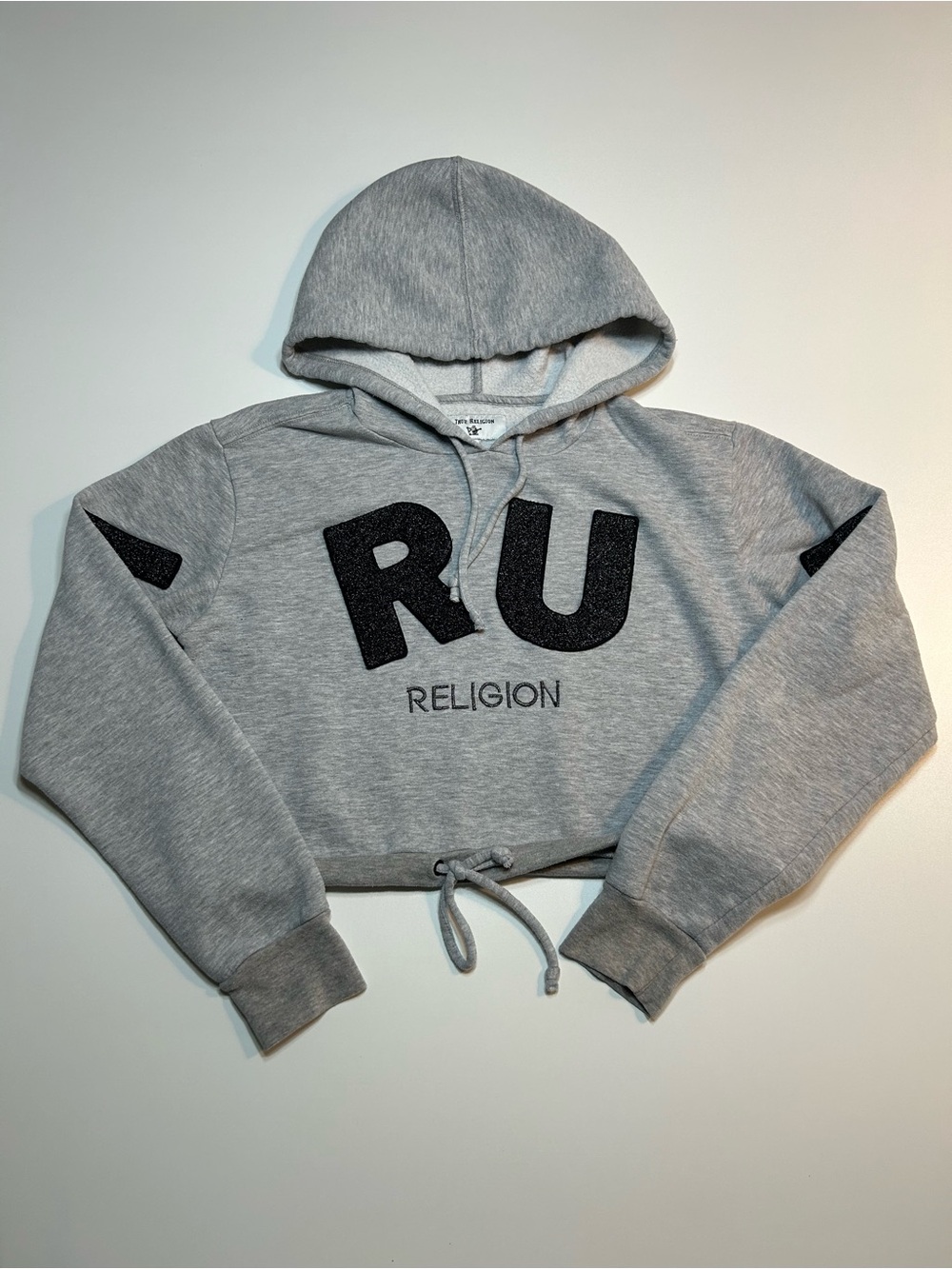 True Religion Grey Cropped Hoodie Glitter Spellout Logo Drawstring